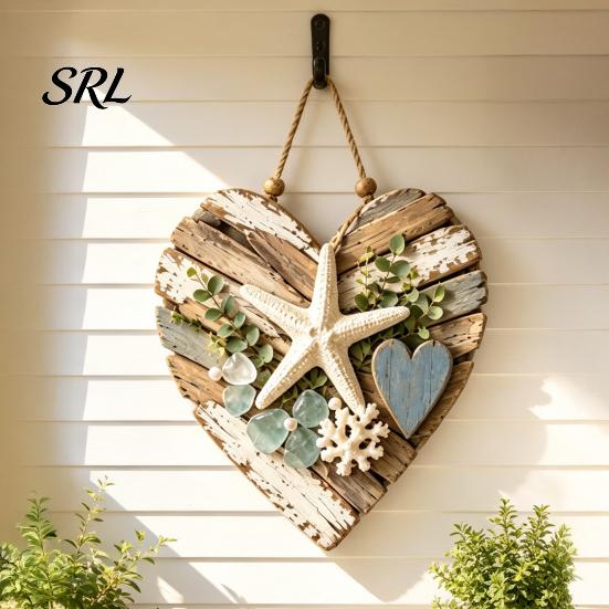 Natural Jute Rope Wall Art Rustic Coastal Heart Shape Hanging Ornament with LED Light, Distressed Farmhouse Pendant Driftwood Sign Wood Beads