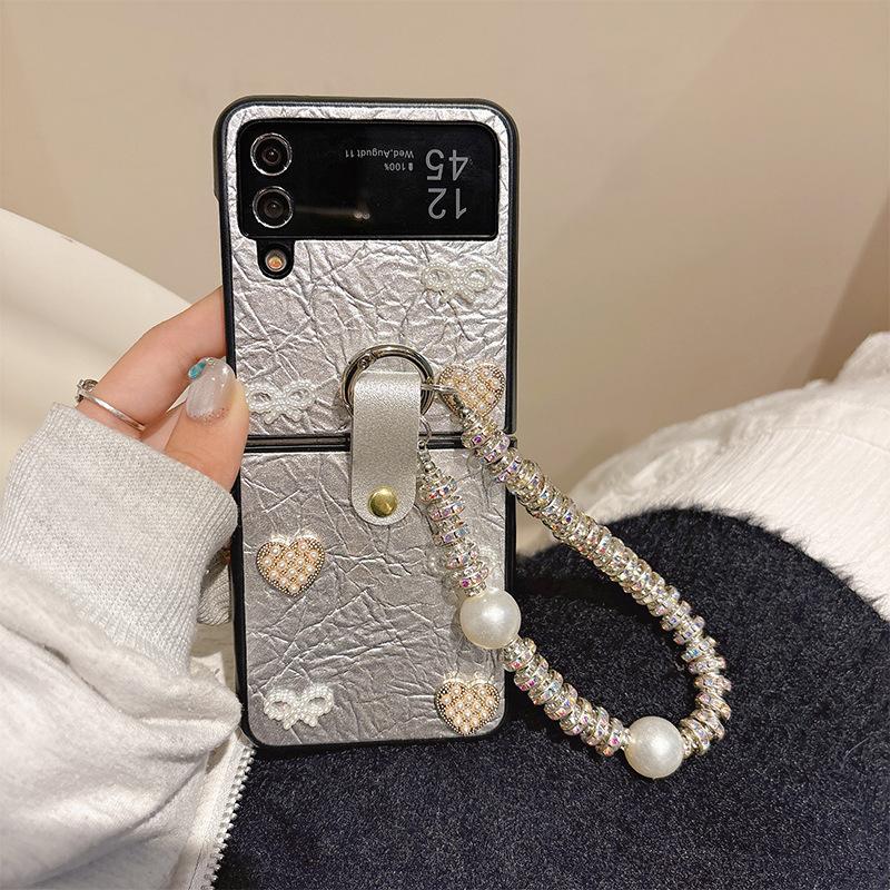 Bow Shaped Heart-shaped Leather Phone Case for Samsung Zflip6 Flip Folding Screen, Fold Bracelet Pocket