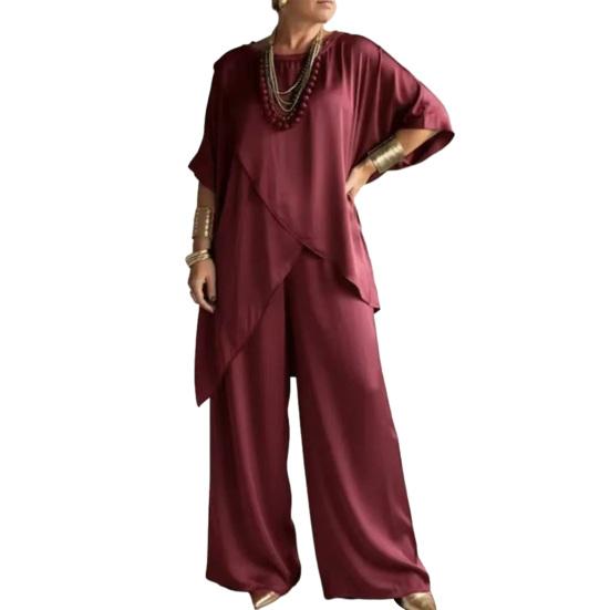 Damen 2-teilige Satin-Outfits Halbarm Asymmetrischer Saum Oberteil Weite Hosen Sets Sommer Lockere Lounge-Sets