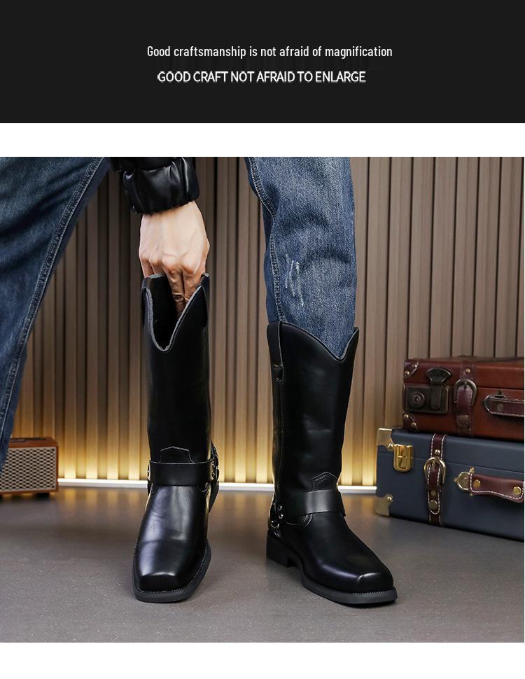 Bottes western en cuir pour homme, mi-mollet, automne, à brides croisées, bout carré, grande taille, chaussures décontractées montantes