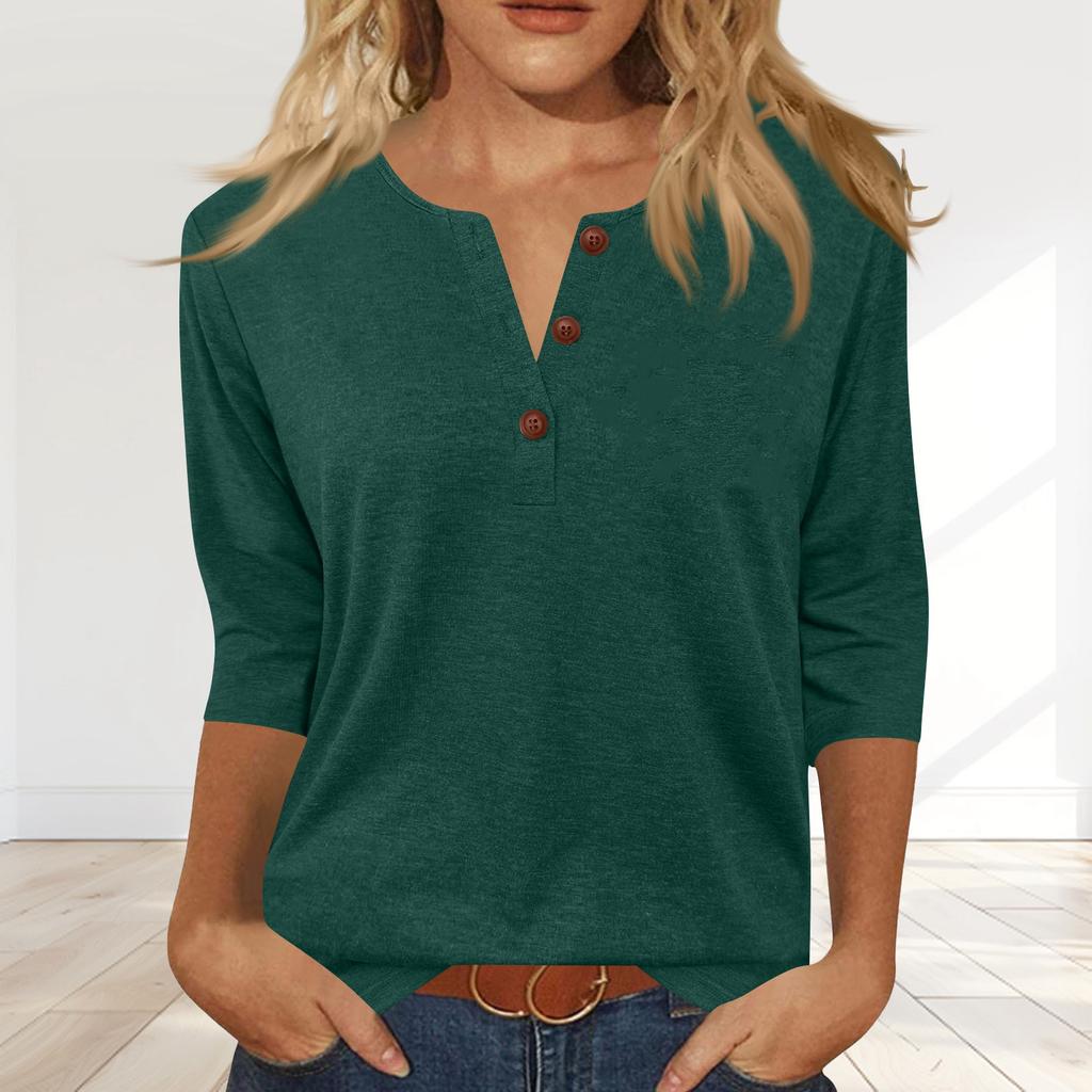 Women's Fashionable Casual Button-down Collar Three-quarter Sleeve T-shirt Top