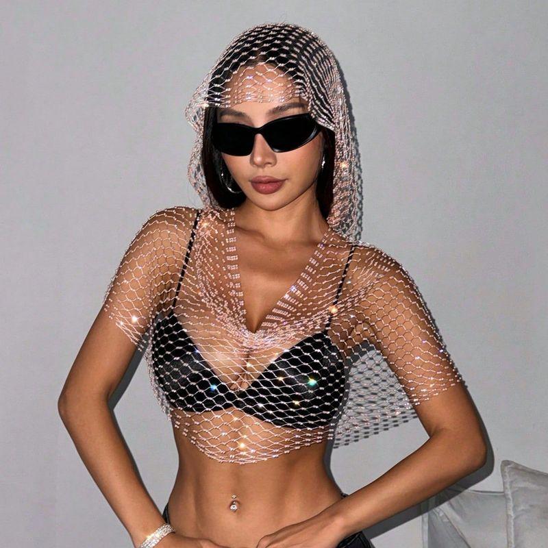 Cross-Border New European and American Women's Clothing: Mesh Rhinestone Fishnet Top, Sweet and Spicy Style, Sparkling Rhinestone Hooded Vest