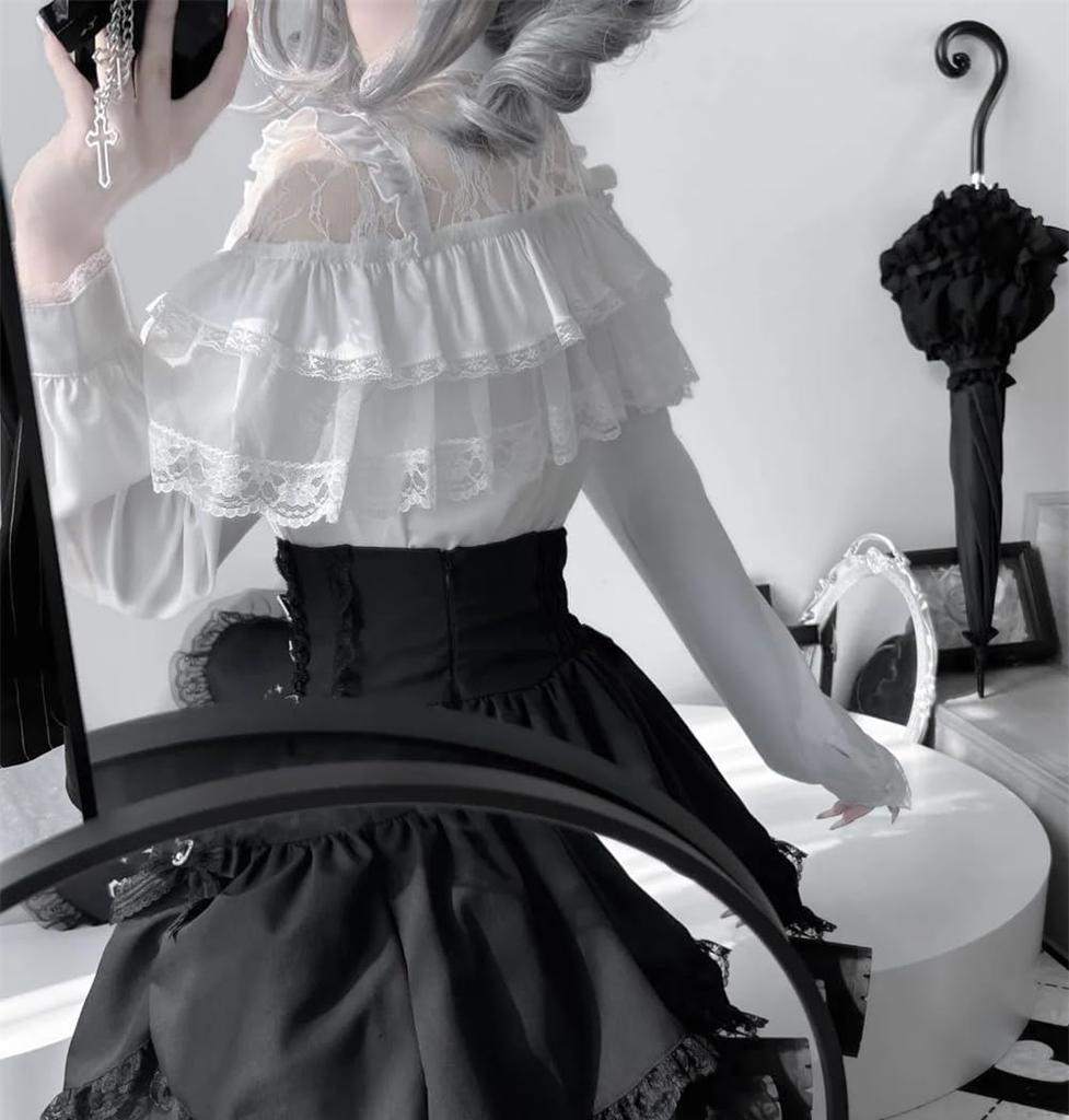 EDREES Long Sleeve Round Neck Lace Ruffle Cute Mori Girl Top with Lolita Harajuku Winter Long Women's Blouse, Princess-Style Bow, Detachable, Style,