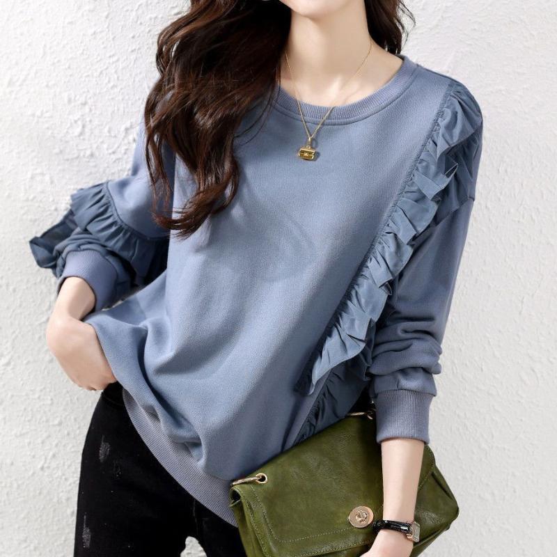 Autumn Casual Loose Design Splicing Chiffon Ruffle Edge Haze Blue Long Sleeved Round Neck Sweatshirt for Women