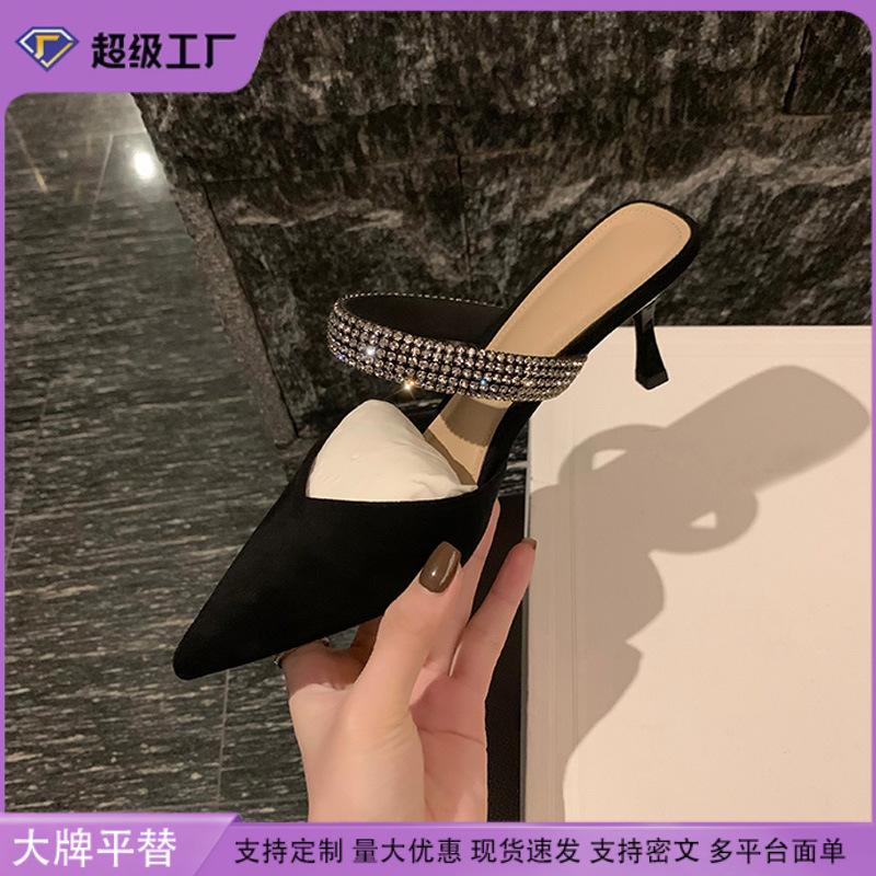 Grape mom studiolee French elegant pointed sandals diamond strap one pedal thick heel half slippers women spring summer