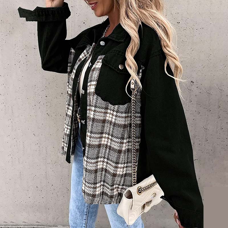 Denim Jacket Checkered Button Up Shirt Jacket Women's Patchwork Jacket Warm Comfortable Commuter Long Sleeved Shirt Autumn Winter