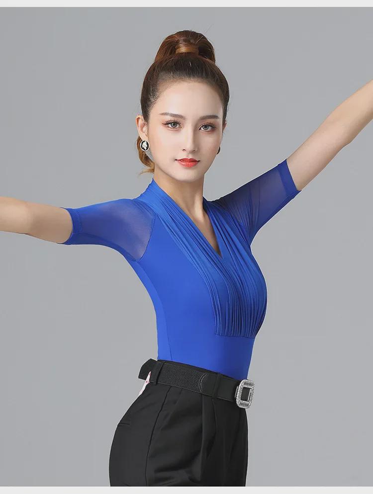 Letnie czerwone plisowane bluzki z siateczki z krótkim rękawem do treningu tańca towarzyskiego latino dla kobiet