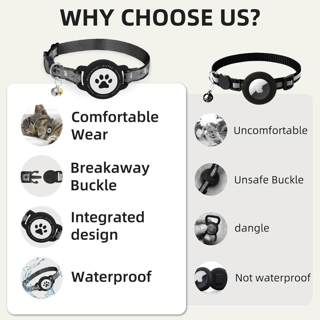 Waterproof Airtag Cat Collar, Reflective Cat Airtag Collar with Bell, Breakaway Cat collar AirTag Holder, Lightweight Kitten Collar for Apple Air