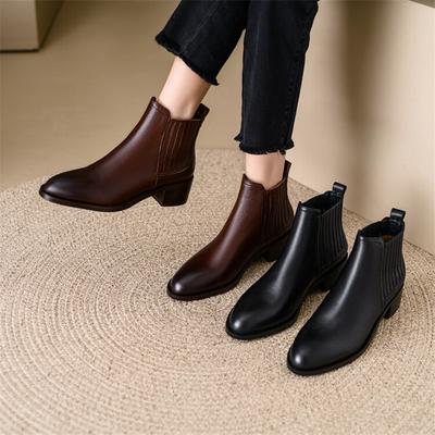 Mode NEU Herbst Winter Echtes Leder Damenstiefel Mode Kurze Stiefel Runde Zehenpartie Klobige Schuhe für Damen Botas De Mujer Chelsea Boots