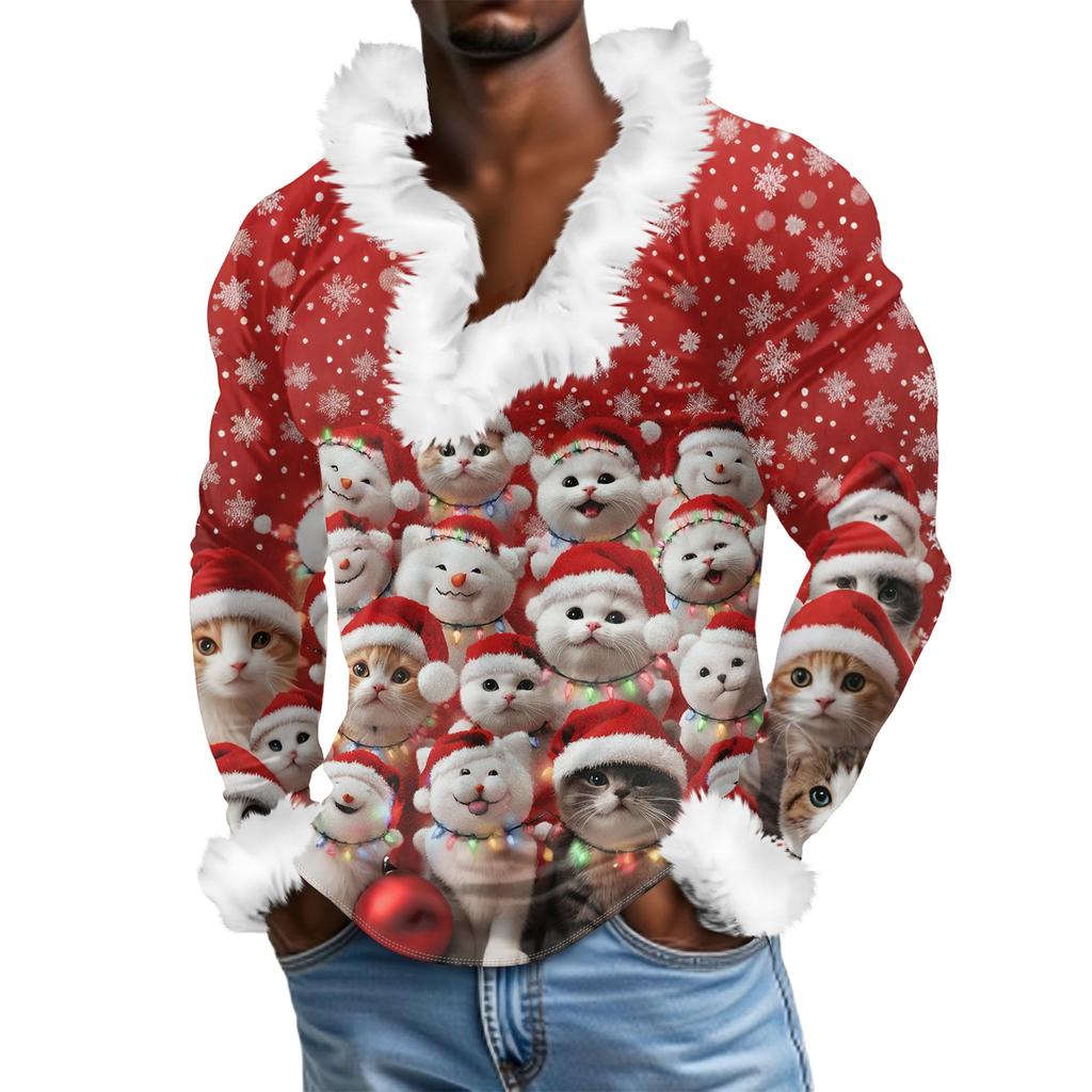 Herren Lässiges Weihnachten Bedrucktes Plüsch V-Ausschnitt und Fleece Langarm-Sweatshirt