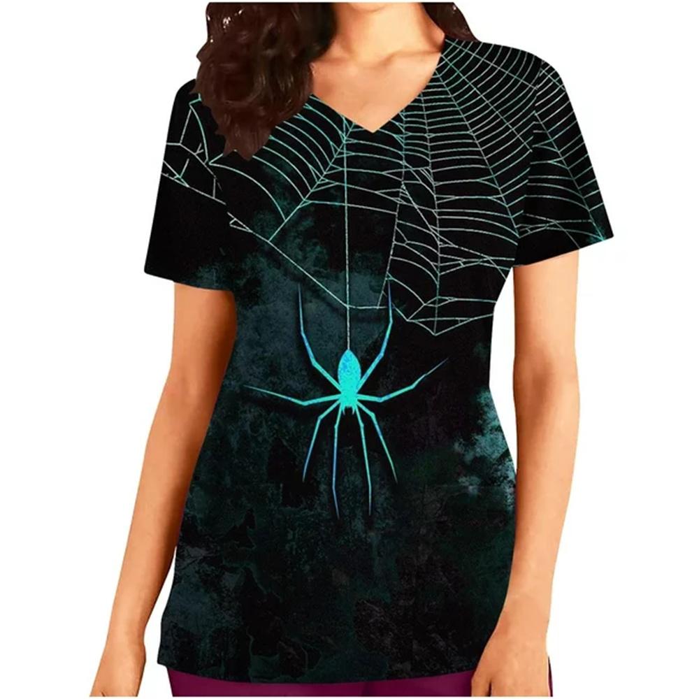 

Хирургическая форма для женщин с принтом на Хэллоуин, топы для медсестры, повседневные футболки с V-образным вырезом и короткими рукавами, накладными карманами, женская униформа медсестры 3XL