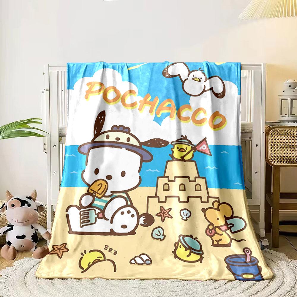 Cute characters enjoying a beach scene with a sandcastle and accessories. for all seasons blanket lunch break throw gift 80cm x 120cm