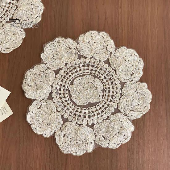 Round Lace Placemats Rose Placemat, Embroidered Coaster Place Mat, Retro European Style Table Decor Doily for Tea Cup Vase Dining Decoration