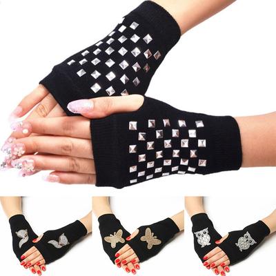 Women's Black Hand Warmer Fingerless Mittens Winter Knitted Gloves Sparkling Touch Screen