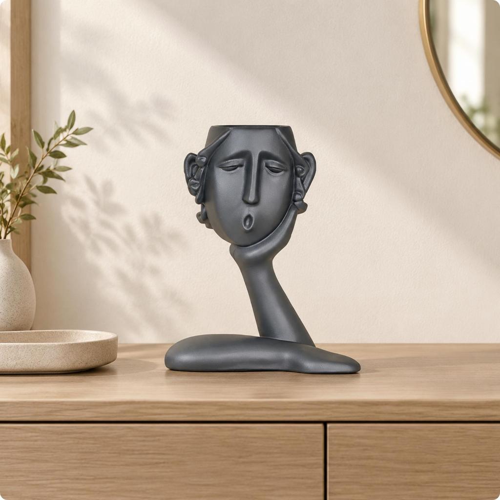 Abstract Face Vase Carved Unique Pen Holder for Living Room, Hallway, Office Nordic