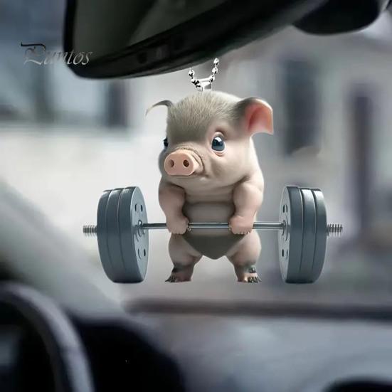 Porte-clés Pendentif Cochon Unique Mignon Cochon Haltérophilie Pendentif de Voiture, Acrylique Plat 2D Miroir Rétroviseur Compact Ornement Suspendu Décor, Porte-clés,