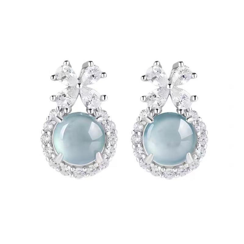 Natural blue water jadeite sterling silver stud earrings S925 silver inlaid fresh and sweet beautiful women's earrings fashion jewelry gifts