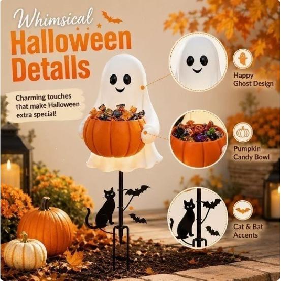 Halloween Ghost Candy Holder Garden Stake, Pumpkin Bowl Outdoor Yard Decor for Holiday Party