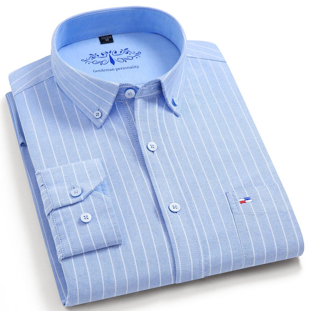 Men's Solid Oxford Long Sleeve Dress Shirts Patch Chest Pocket Regular Fit Spring Fall Smart Casual Button Down Shirts