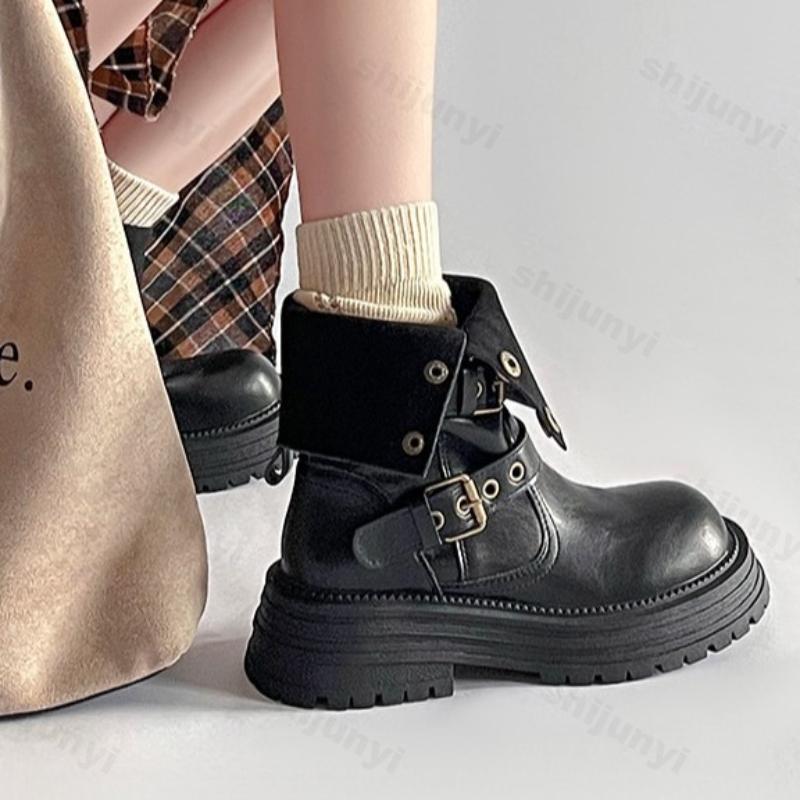 Stivali di Pelle con Rialzo da Donna alla Moda Autunno Inverno Fibbia Cintura Stivaletti Chelsea alla Moda Scarpe Casual Comode Vintage Antiscivolo