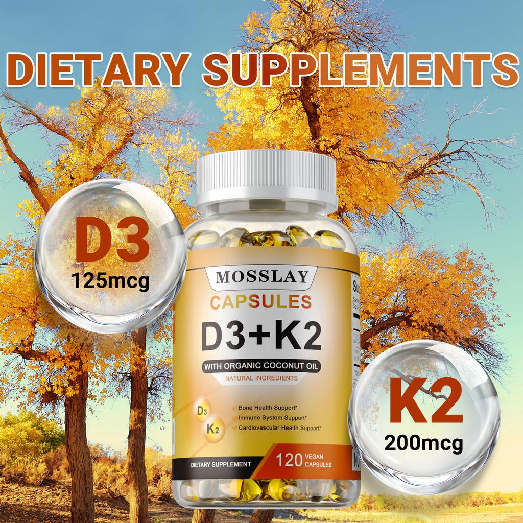 Natural Vitamin D3+K2 Capsules, Containing Organic Coconut Oil, Beneficial for Bone and Teeth Health.