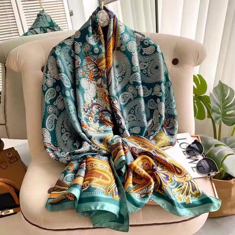 Flower Printed Chiffon Scarf Classic Thin Smooth Satin Shawl Elegant Style Windproof Sunscreen Head Wrap for Women