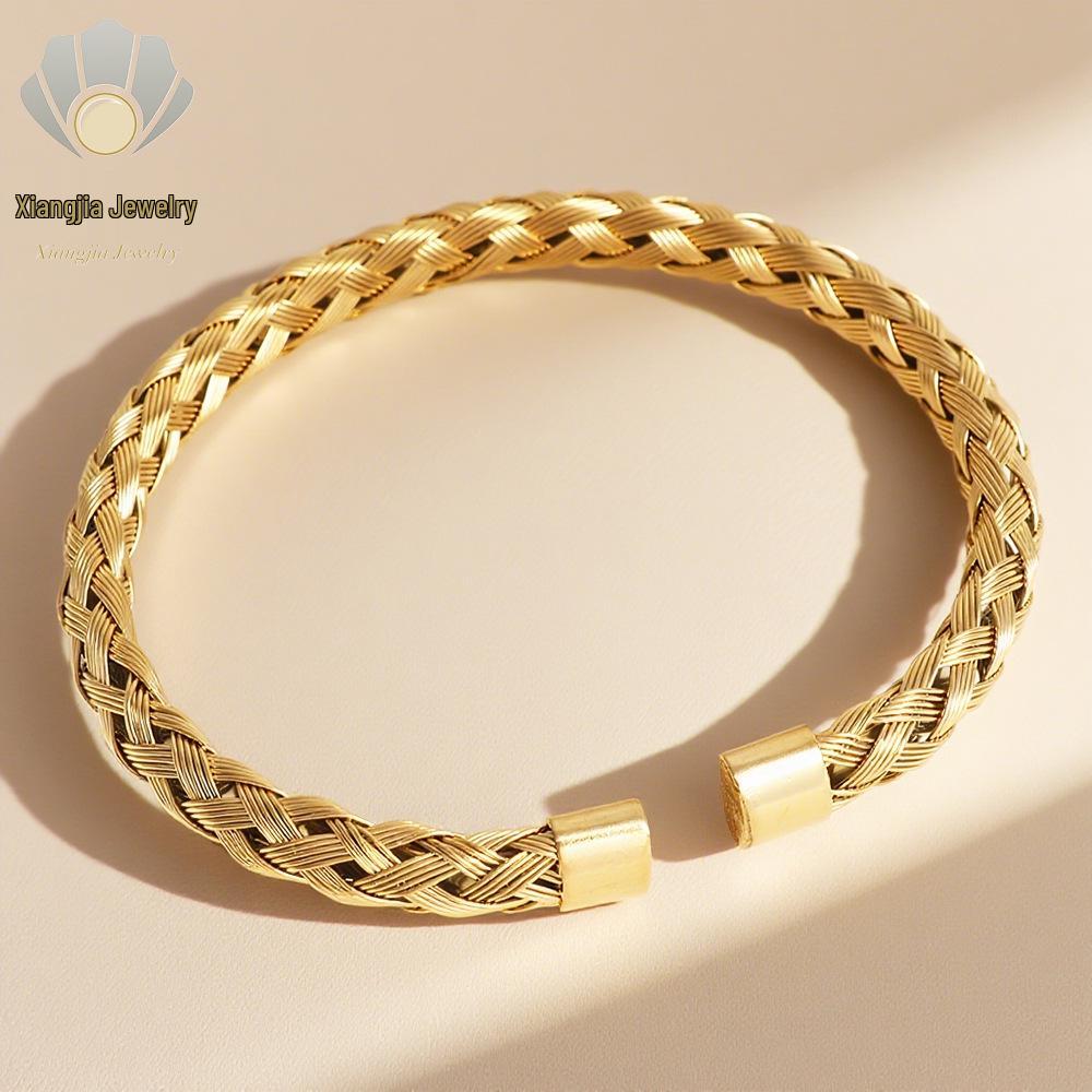 Elegant Titanium Steel Gold-Plated Open Bangle with Cross-Border Woven Design