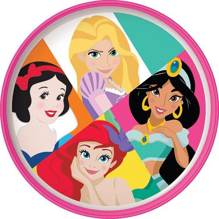 Tataway Assiette à dîner en plastique blanche et rose Disney Princesses Blanche-Neige Ariel Jasmin Raiponce avec base antidérapante