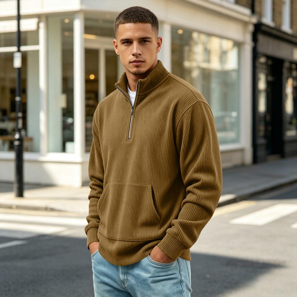 Men's Vintage Corduroy Long Sleeve Zip Up Shirt Stand Collar Casual Top
