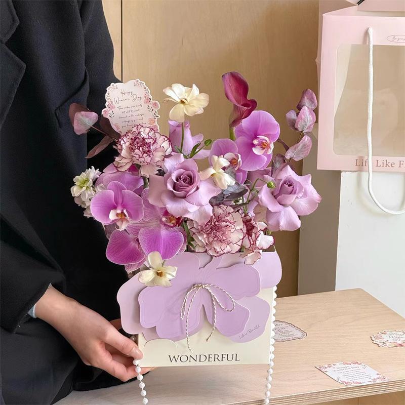 5Pcs Portable Flower Boxes Creative Pearl Chain Flower Arrangement Handbag Mother's Day Wedding Party Floral Wrapping Supplies