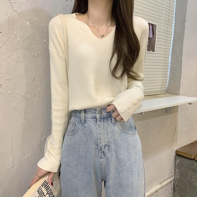 Temperament collar slack knitted sweater soft waxy sweater autumn and winter casual simple button long sleeve women's bottoming top