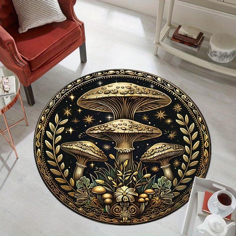 Fashion Golden Mushroom Pattern Round Rug, Non-Slip Washable Anti-Shedding Carpet for Living Room Bedroom Office Decor