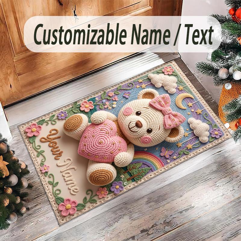 Teddy Bear Theme Crystal Velvet Rug Personalized Custom Name Text Soft Floor Mat Home Decor