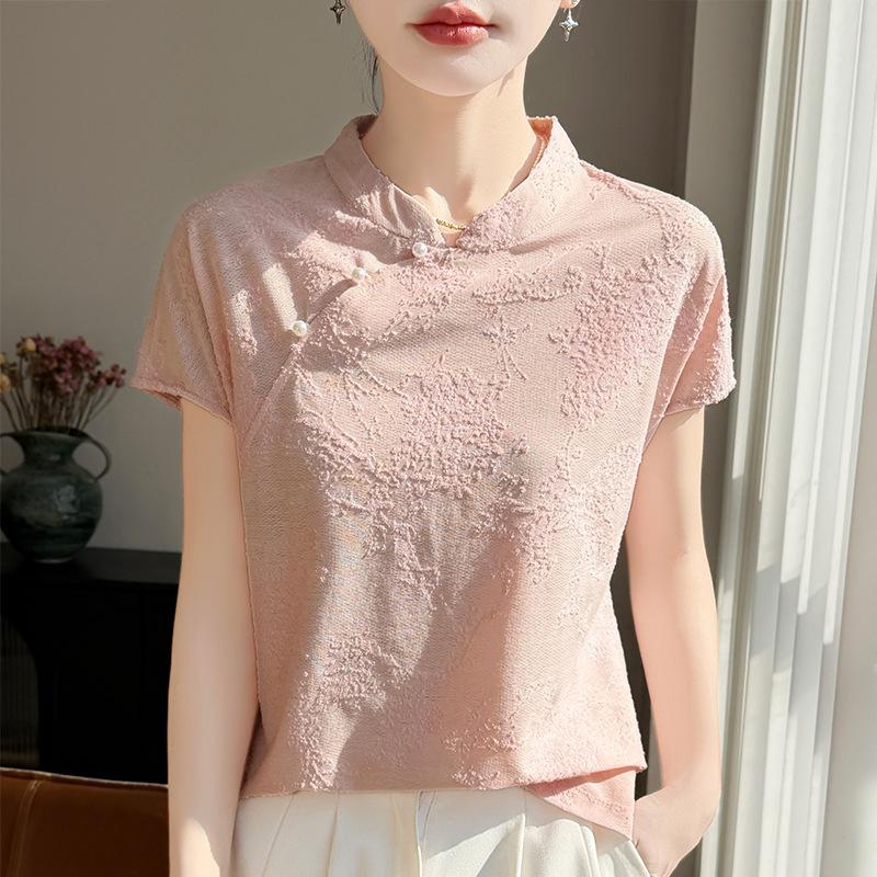 Retro Button-up Three-dimensional Jacquard Knitted Short-sleeved T-shirt for Women, Summer Lightweight Sleeveless Top