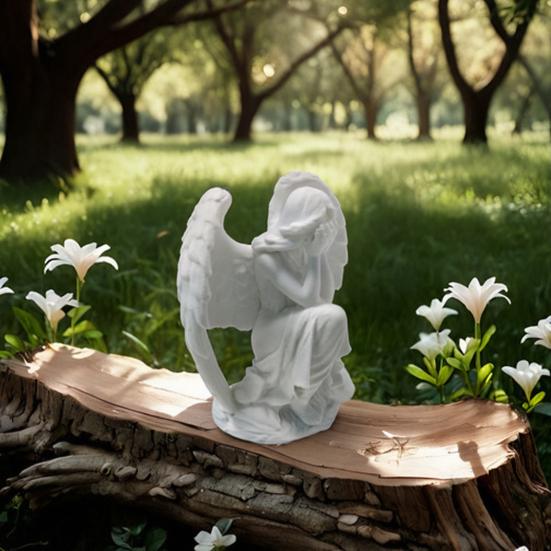 3D-printad ängelfigur, Liten hukande ängel Bordsdekoration, Vitvingad ängelskulptur för Hemträdgårdsdekoration