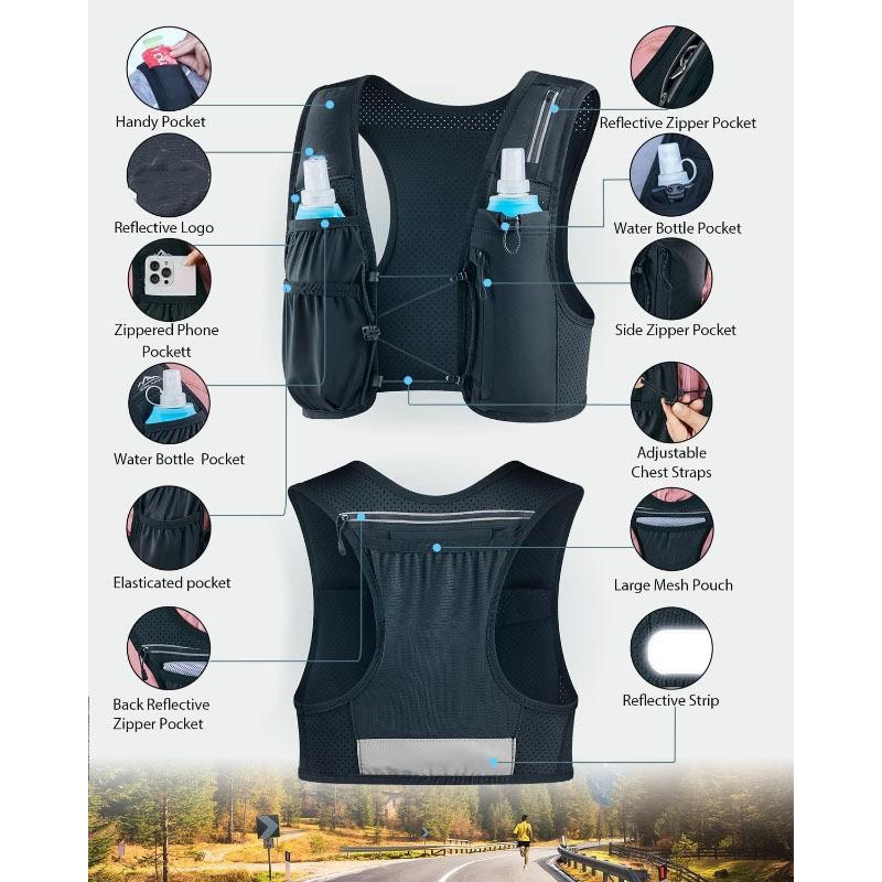 Gilet da Corsa, Cinghie Pettorali Regolabili Gilet Idratazione da Corsa con Borraccia Morbida da 500ml, Zaino Idratazione Leggero Riflettente
