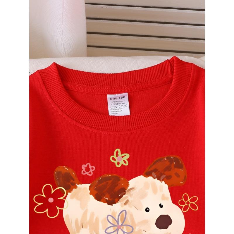 European sizes Girls' Soft Crewneck Sweatshirt, Cute Puppy with Flowers Print, Casual for Fall Winter, Ideal Holiday Present.