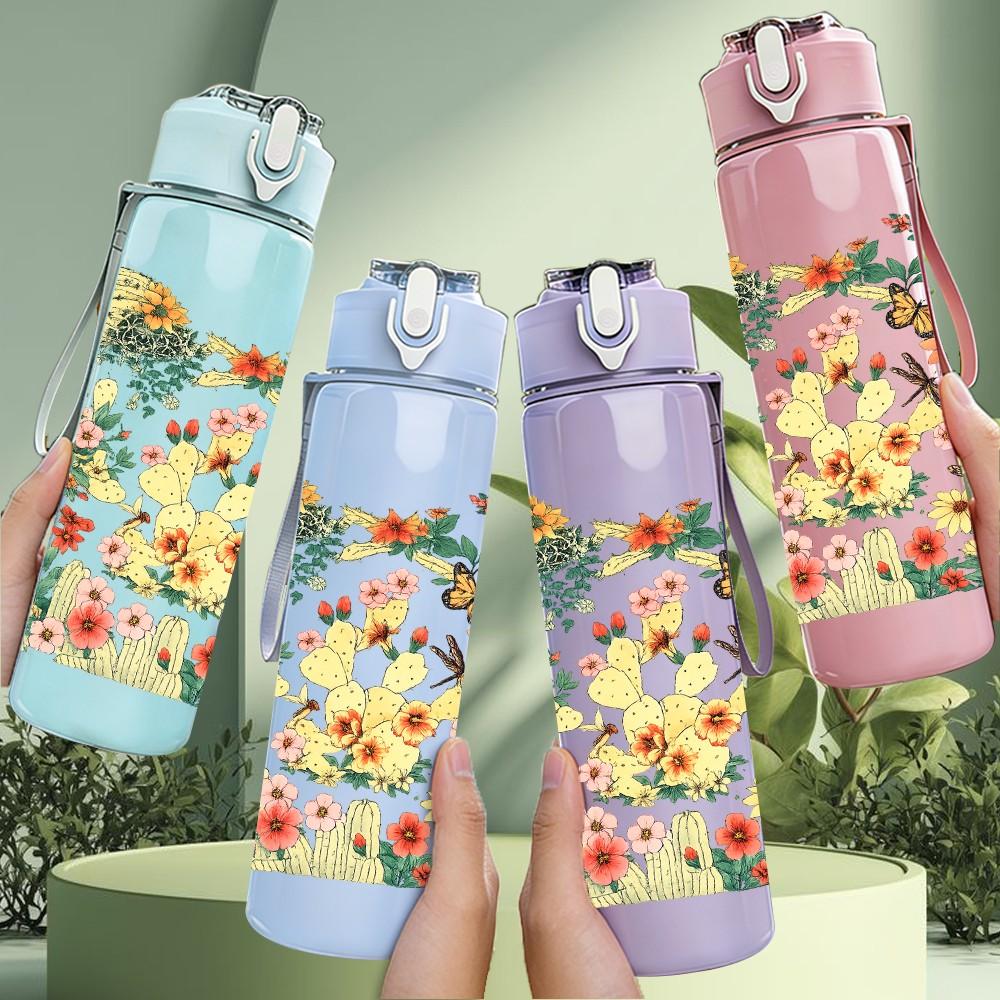 1PC Vintage Mixed Floral Garden Bouquet Print 750ml Color Plastic Sports Water Bottle Leakproof Flip Straw Lid Suitable for Sports Office Home Use