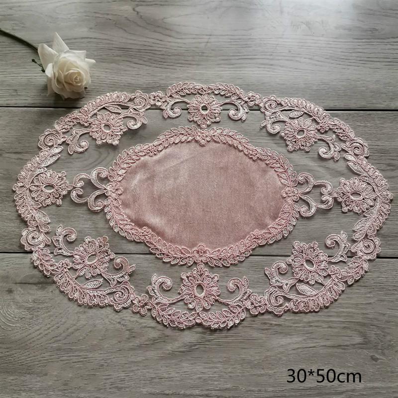 Europäischer Samt Spitze Gestickte Bordüre Oval Platzset Untersetzer Essen Dessert Obst Getränkeabdeckung Schlafzimmer Balkon Kaffeetischdecke