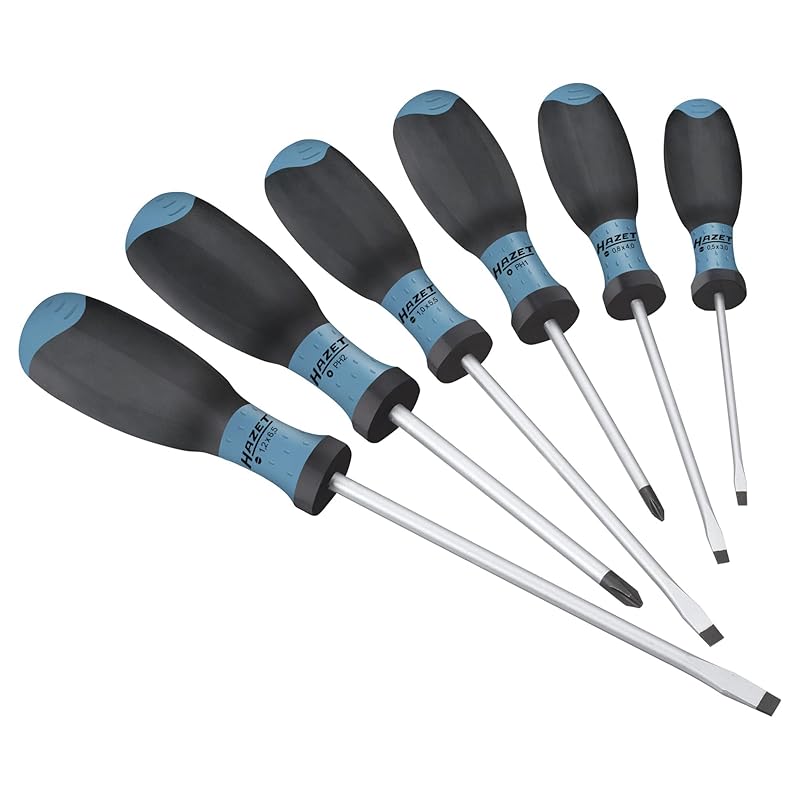 HAZET 810SPC/6 Screwdriver Set, Hazet Blue, 6-Piece Set, 4 Flathead Screws, 2 Phillips Screws, 3-Component Grip, Non-Slip Surface, High Torque