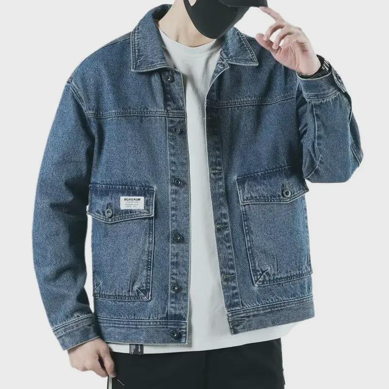 Men's Trendy Pilot Denim Jacket with Large Pockets – Spring/Autumn Loose Fit Retro Style