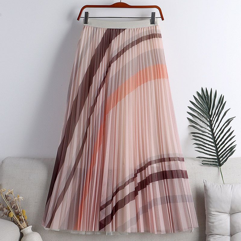 MOJTA Mid-length Skirt Spring Summer Women's Elastic High Waist Skirt A-line Pleated Mesh Contrast StripesSkirt