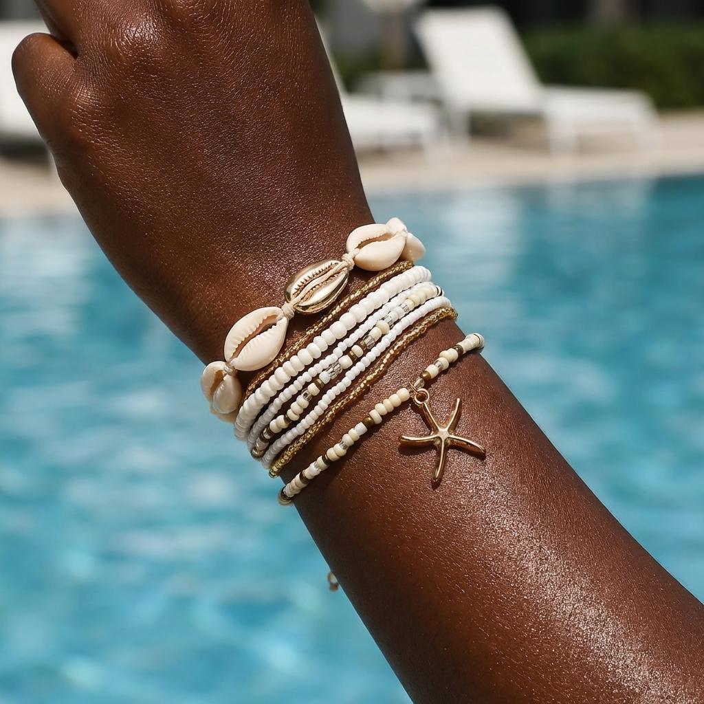 5Pcs/Set Bohemian White Shell Beaded Bracelets for Women Gold Color Starfish Charm Multilayer Elastic Hand Chain Beach Jewelry