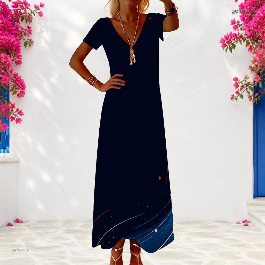 Women Plus Size V Neck Short Sleeve Galaxy Star Printed Maxi Dress