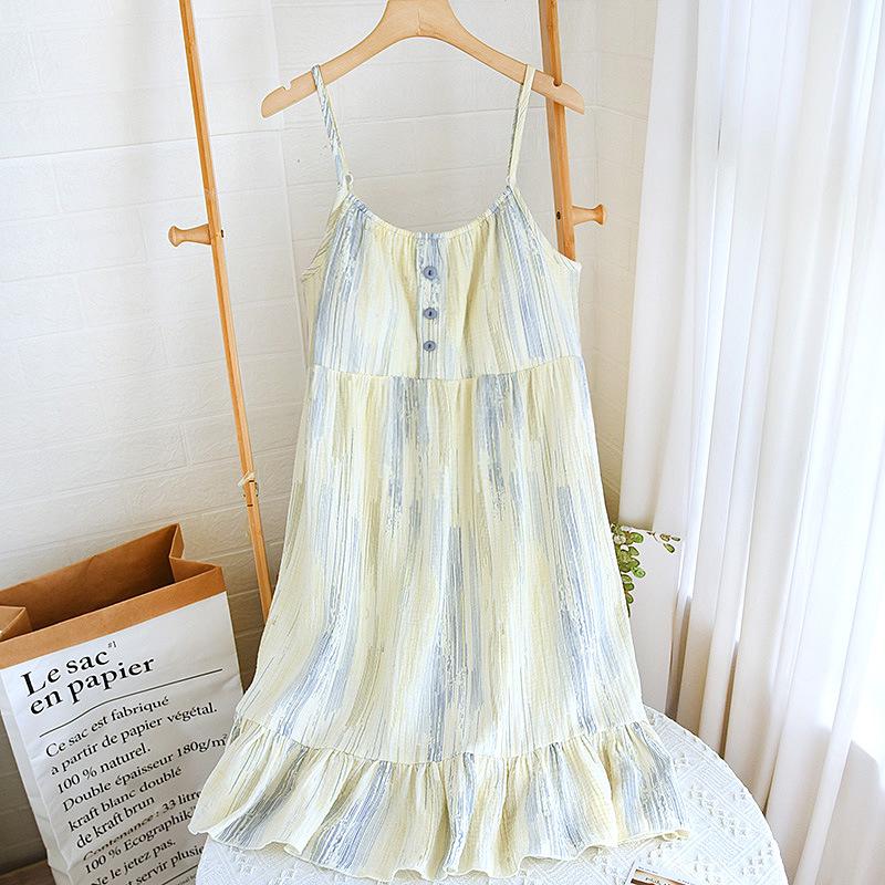 Girl's Floral Bubble Double-Layer Crinkle Cotton Nightgown with Built-In Bra Pads