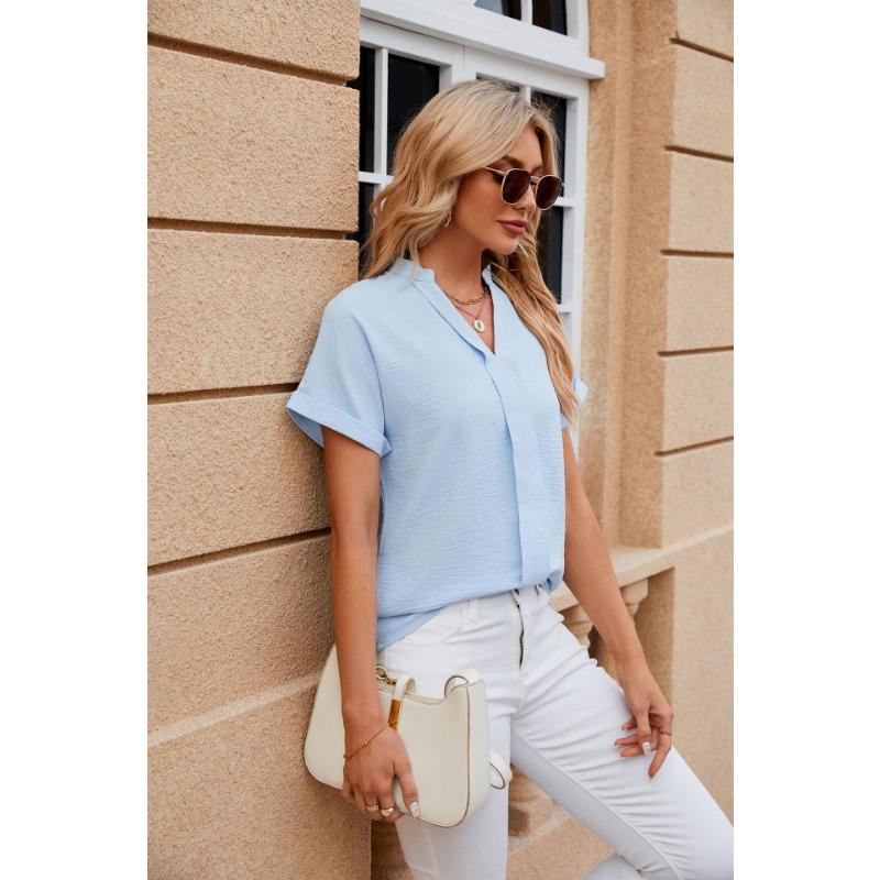 Summer Women's Shirt Solid Color V-neck Short-sleeved Shirt Loose Casual Chiffon Shirt