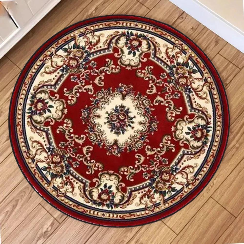 Vintage European Floral Scroll Mandala Geometric Pattern Round Rug Soft Carpet for Living Room Bedroom