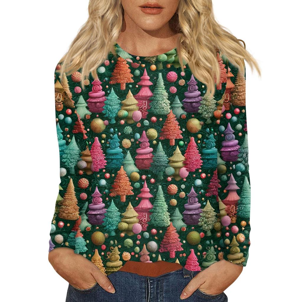 Women's Fashion Casual Christmas Printed Round Neck Long Sleeve Pullover Top