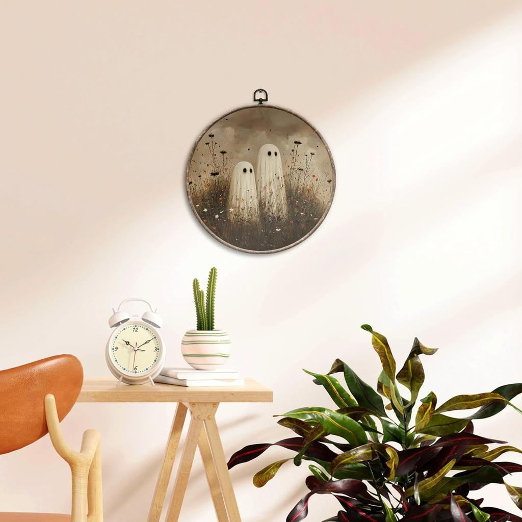 EGVQK Vintage Halloween Ghost Round Wall Art, Moody Wildflower Spooky Ghost Framed Canvas Prints Wall Art, Halloween Round Canvas Hanging Walls Decor