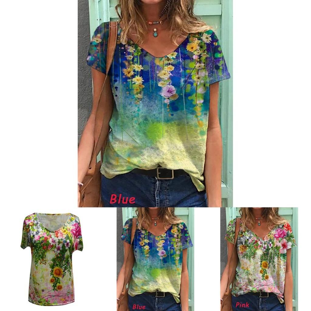 Comfortable Womens V Neck Short Sleeve Blouse Casual Floral Print T-shirt Tunic Tops